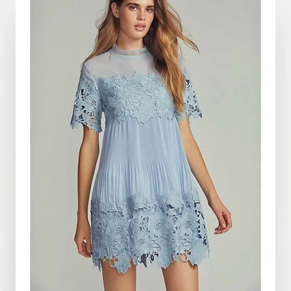 SAYLOR x FREE PEOPLE Hollie Lace Floral Mini Blue Dress w Pleating - Size S SAYLOR x FREE PEOPLE Hollie Lace Floral Mini Blue Dress w Pleating - Size S
